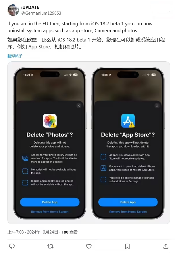 烟台苹果手机维修分享iOS 18.2 支持删除 App Store 应用商店 