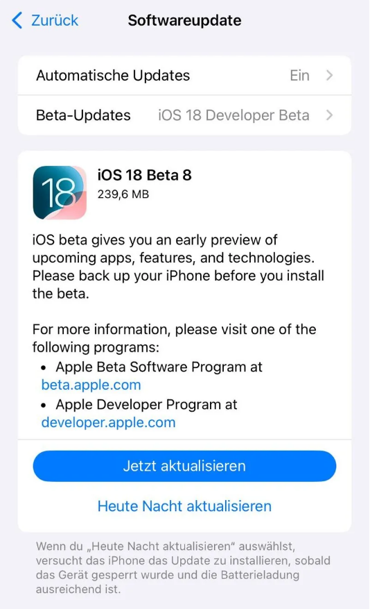 烟台苹果手机维修分享苹果 iOS / iPadOS 18 开发者预览版 Beta 8 发布 